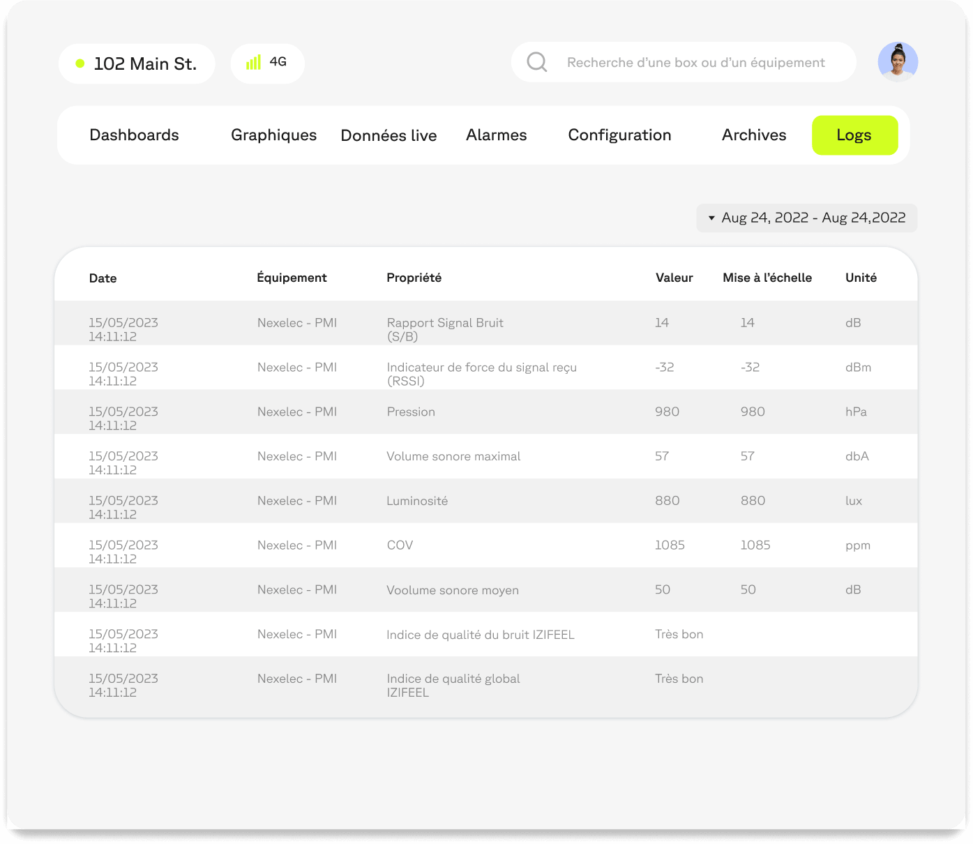 Preview of the Logs feature in the Wattsense solution user console